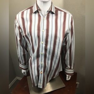 Thomas Dean White Shirt with Red and Brown Vertical Stripes